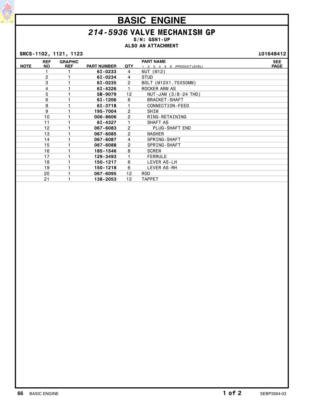 6I-4326 ROCKER ARM AS · S/N GSN1-UP CAT parts manual diagram