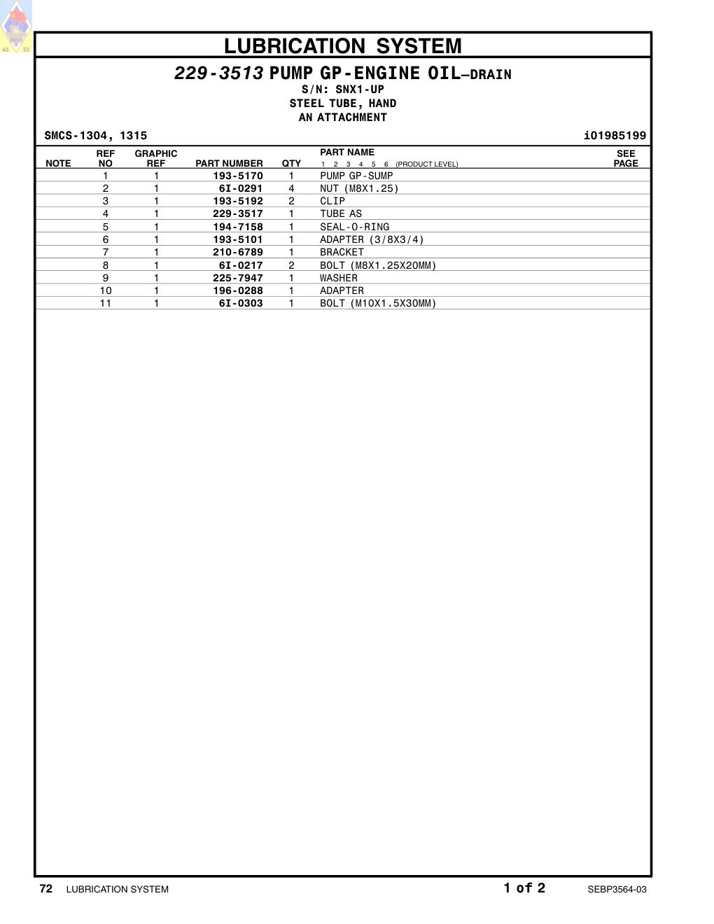 225-7947 WASHER · S/N SNX1-UP CAT parts manual diagram