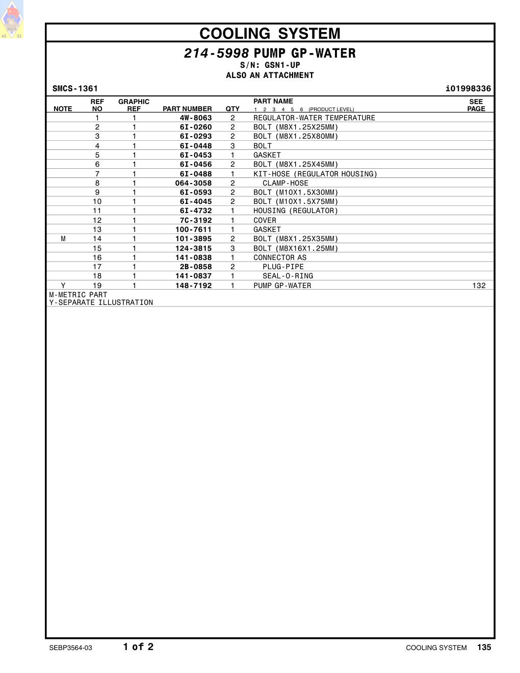 148-7192 PUMP GP-WATER · S/N GSN1-UP CAT parts manual diagram