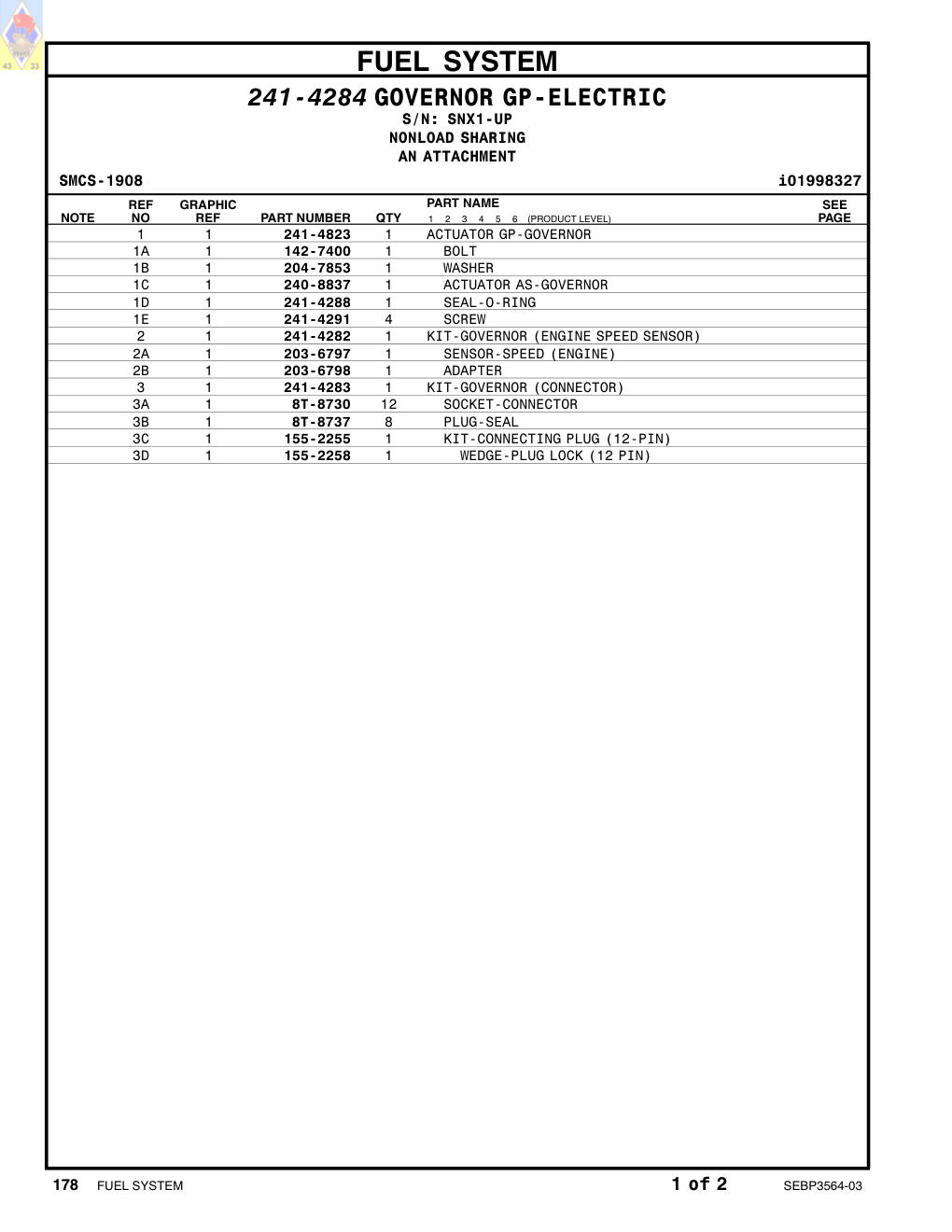 241-4283 KIT-GOVERNOR (CONNECTOR) · S/N SNX1-UP CAT parts manual diagram