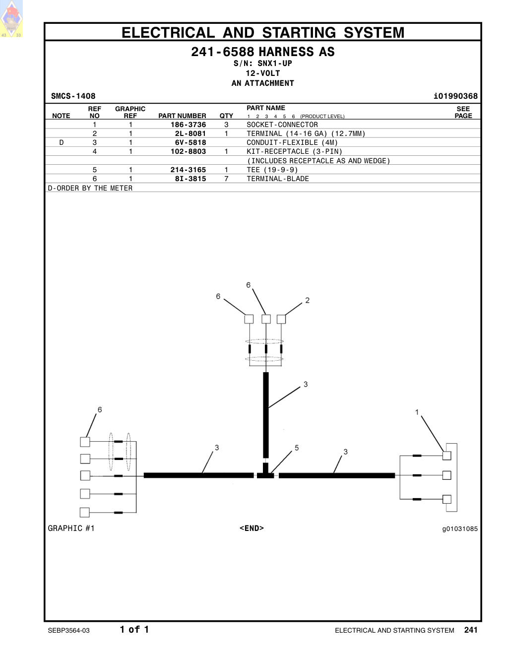 102-8803 KIT-RECEPTACLE (3-PIN) · S/N SNX1-UP CAT parts manual diagram