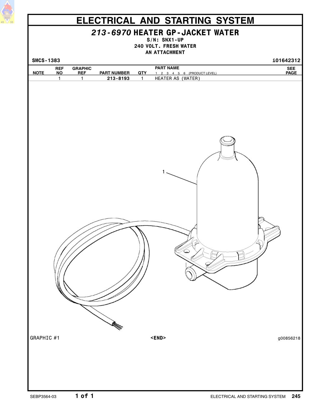 213-8193 HEATER AS (WATER) · S/N SNX1-UP CAT parts manual diagram