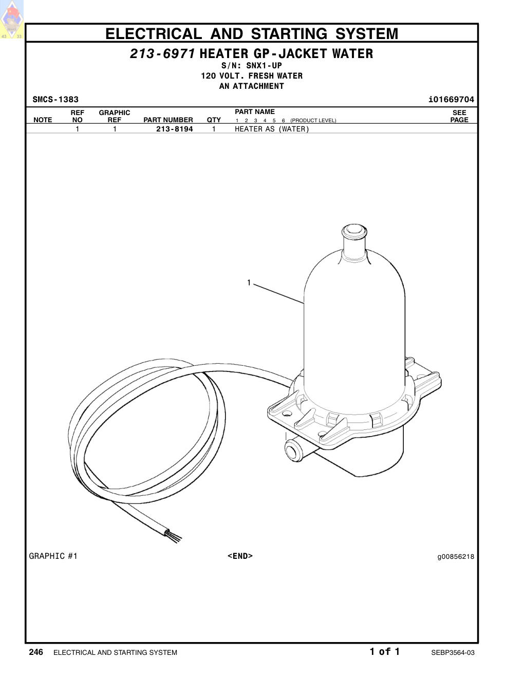 213-8194 HEATER AS (WATER) · S/N SNX1-UP CAT parts manual diagram
