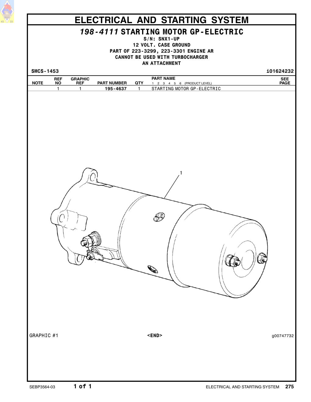 195-4637 STARTING MOTOR GP-ELECTRIC · S/N SNX1-UP CAT parts manual diagram