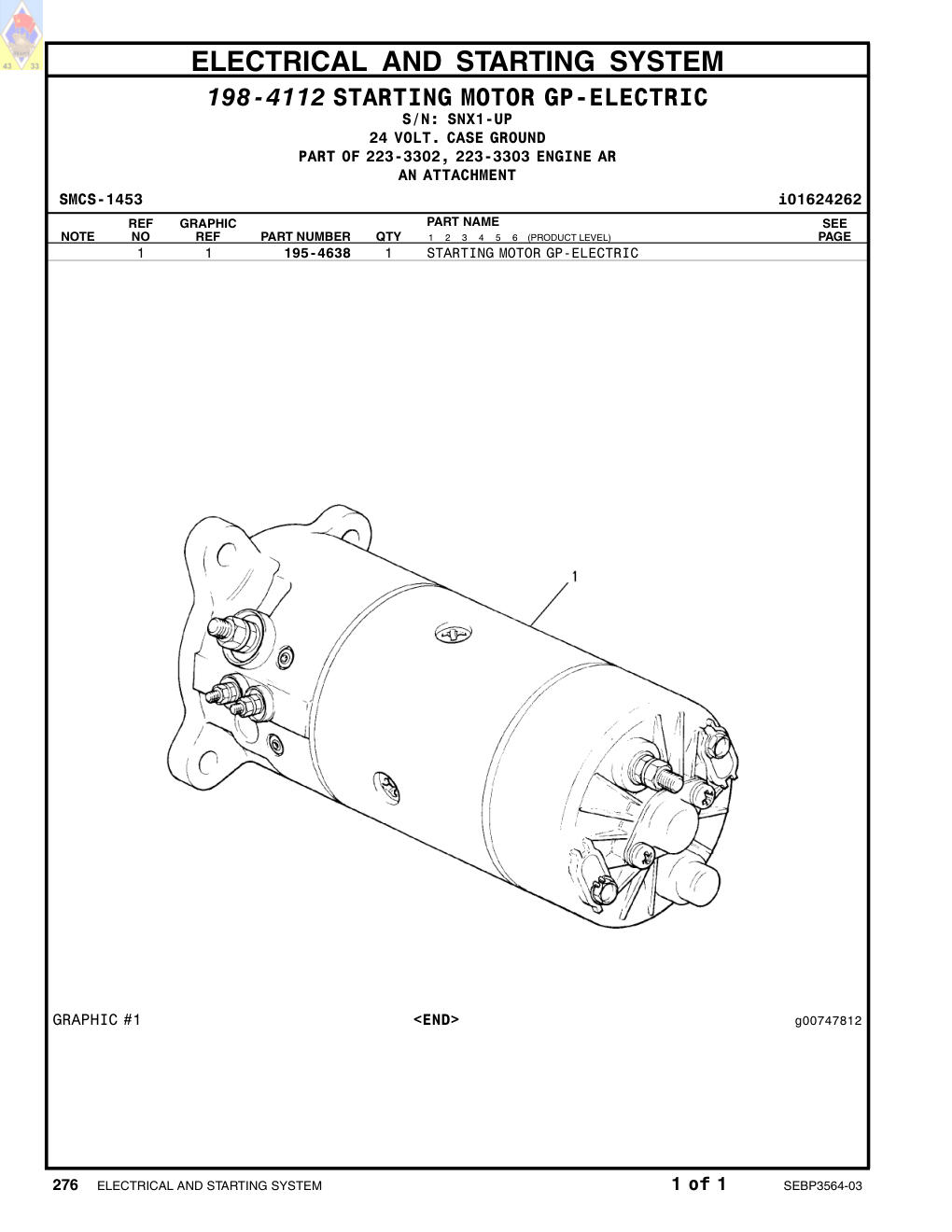 195-4638 STARTING MOTOR GP-ELECTRIC · S/N SNX1-UP CAT parts manual diagram
