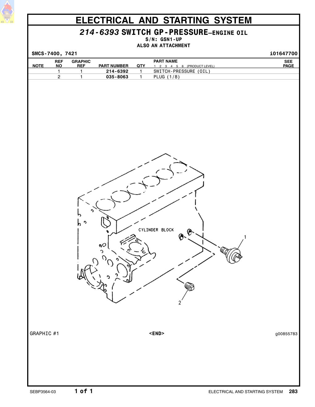 214-6392 SWITCH-PRESSURE (OIL) · S/N GSN1-UP CAT parts manual diagram