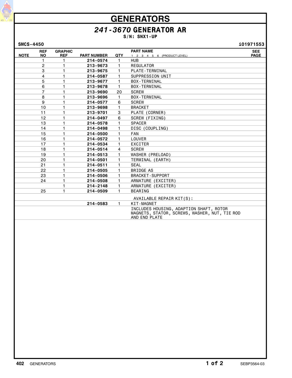 214-0497 SCREW (FIXING) · S/N SNX1-UP CAT parts manual diagram