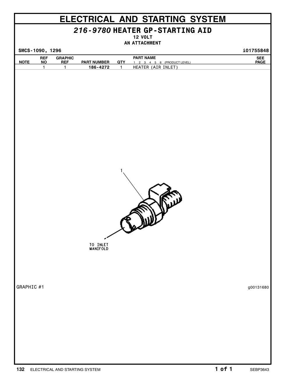 186-4272 HEATER (AIR INLET) CAT parts manual diagram