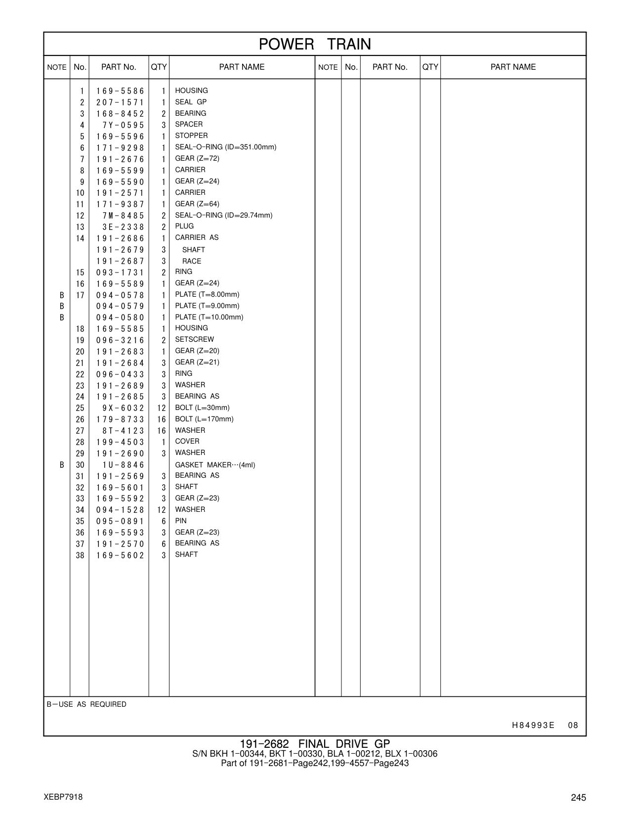 7Y-0595 SPACER CAT parts manual diagram
