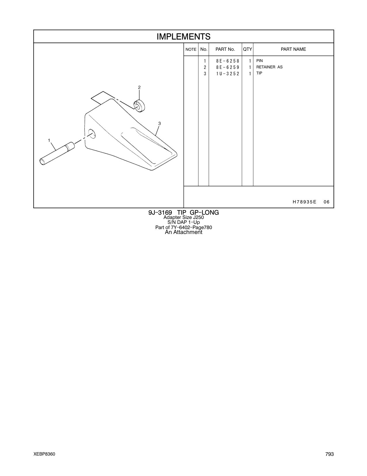 8E-6258 PIN CAT parts manual diagram