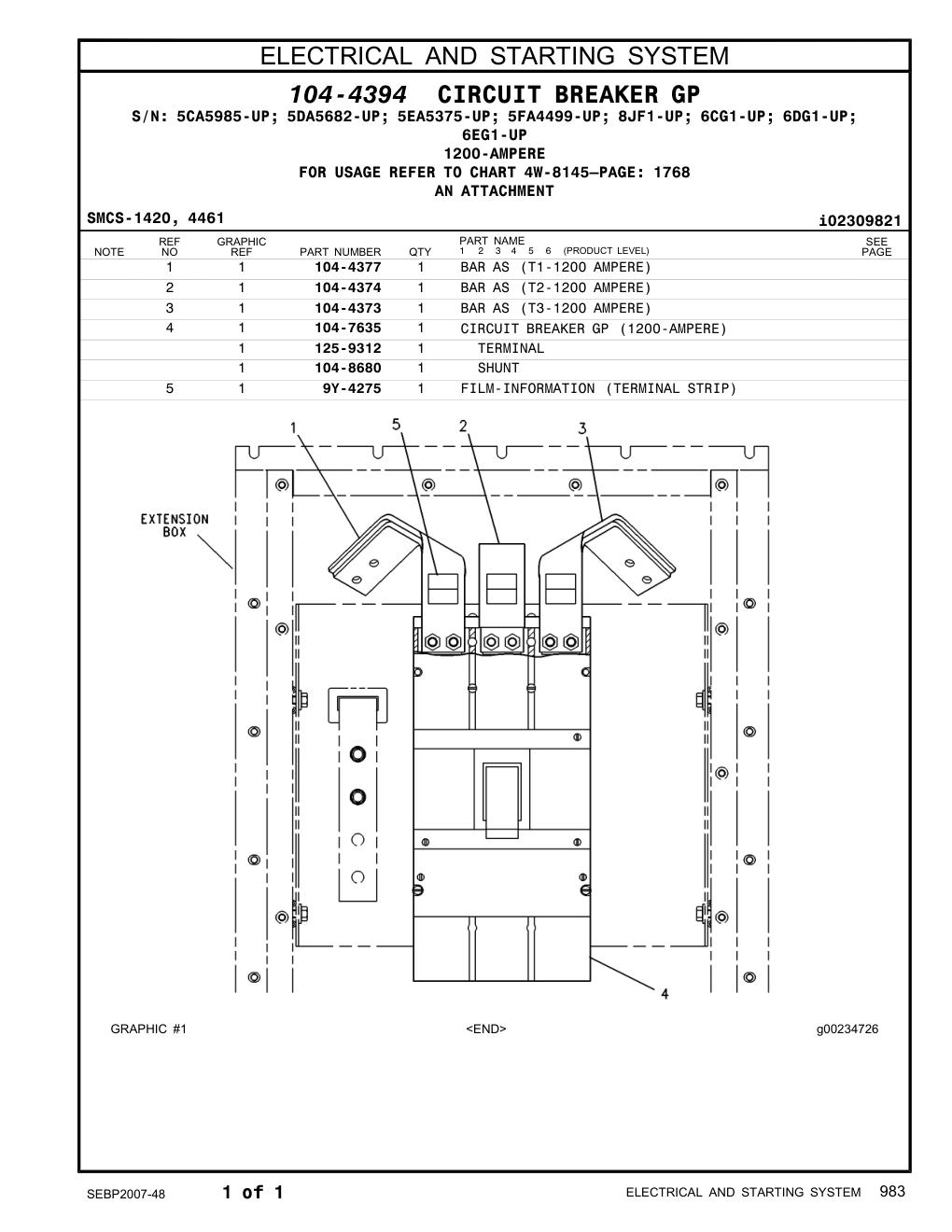 104-7635 CIRCUIT BREAKER GP (1200-AMPERE) CAT parts manual diagram