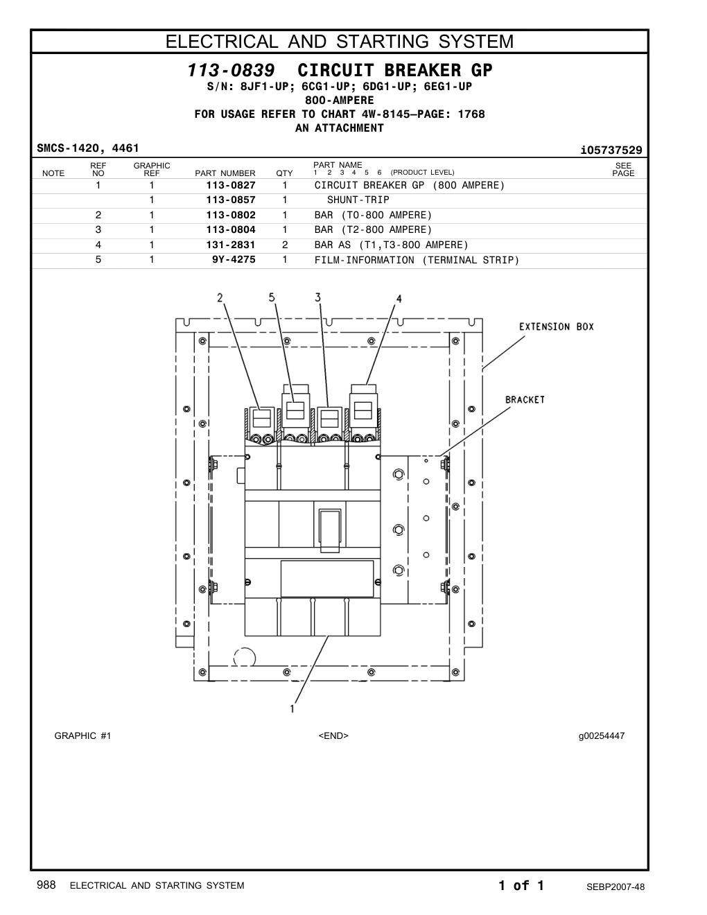 113-0827 CIRCUIT BREAKER GP (800 AMPERE) CAT parts manual diagram