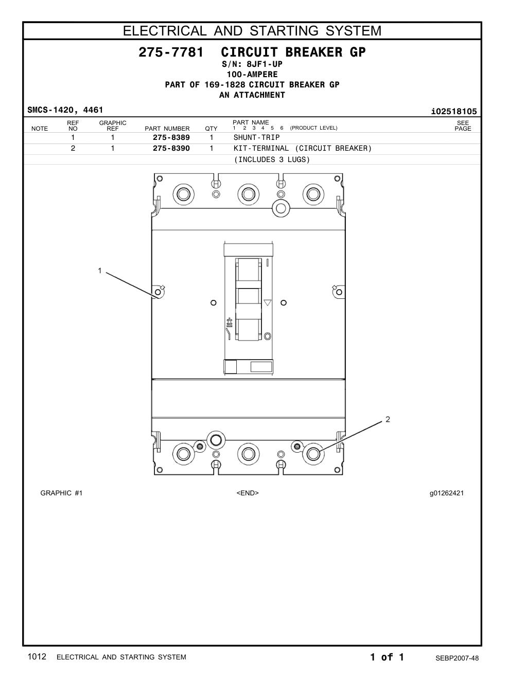 275-8390 KIT-TERMINAL (CIRCUIT BREAKER) · S/N 8JF1-UP CAT parts manual diagram