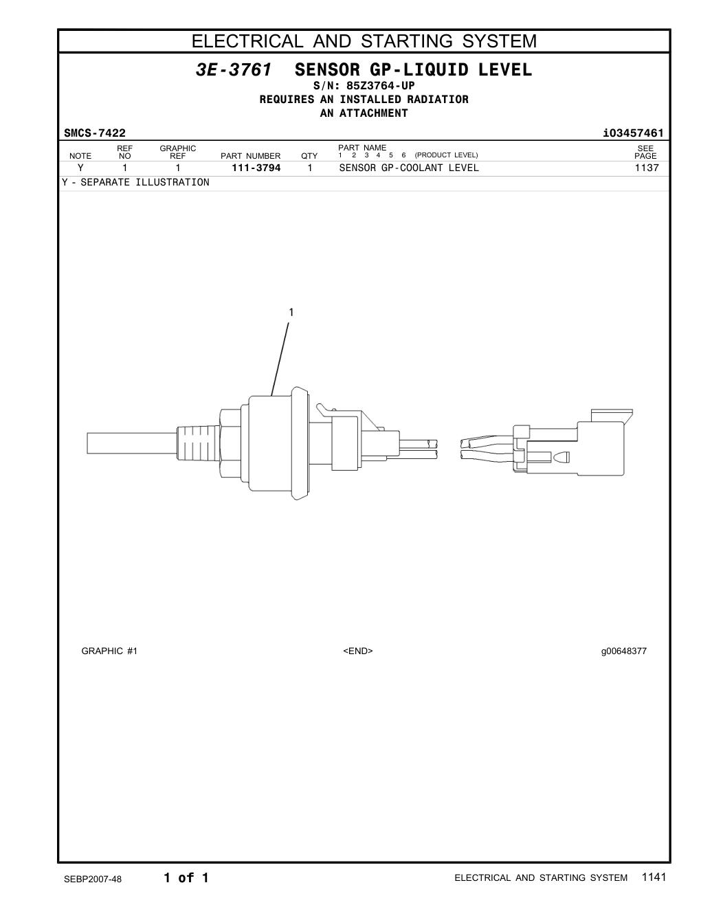 111-3794 SENSOR GP-COOLANT LEVEL · S/N 85Z3764-UP CAT parts manual diagram