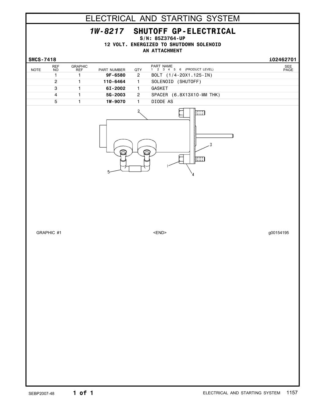 110-6464 SOLENOID (SHUTOFF) · S/N 85Z3764-UP CAT parts manual diagram