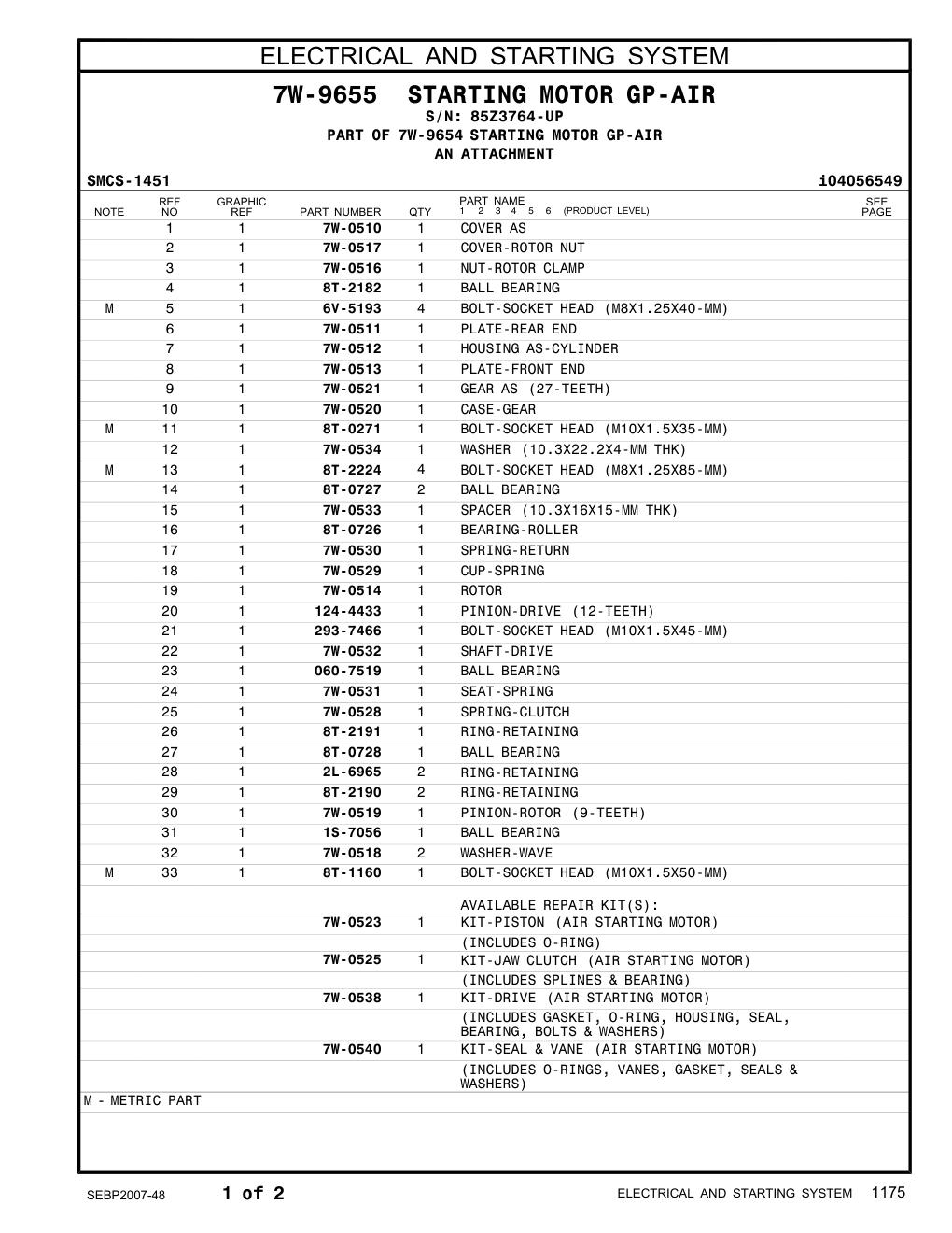 7W-0519 PINION-ROTOR (9-TEETH) · S/N 85Z3764-UP CAT parts manual diagram