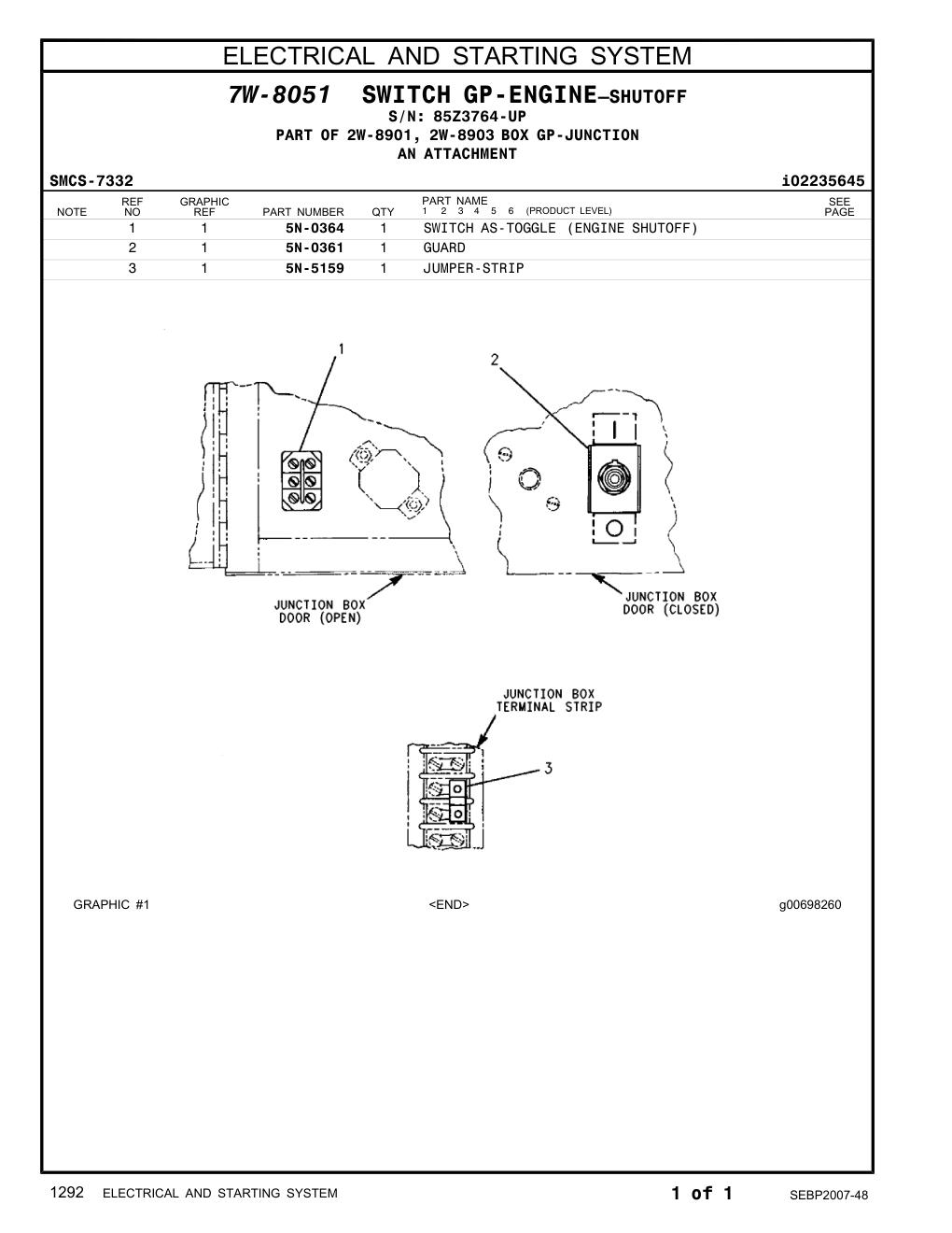 5N-0364 SWITCH AS-TOGGLE (ENGINE SHUTOFF) · S/N 85Z3764-UP CAT parts manual diagram