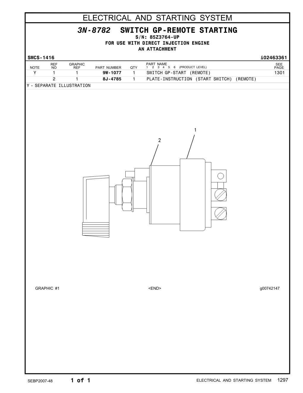 8J-4785 PLATE-INSTRUCTION (START SWITCH) (ENGINE) · S/N 85Z3764-UP CAT parts manual diagram