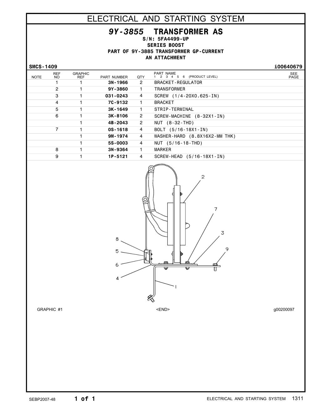 9Y-3860 TRANSFORMER · S/N 5FA4499-UP CAT parts manual diagram