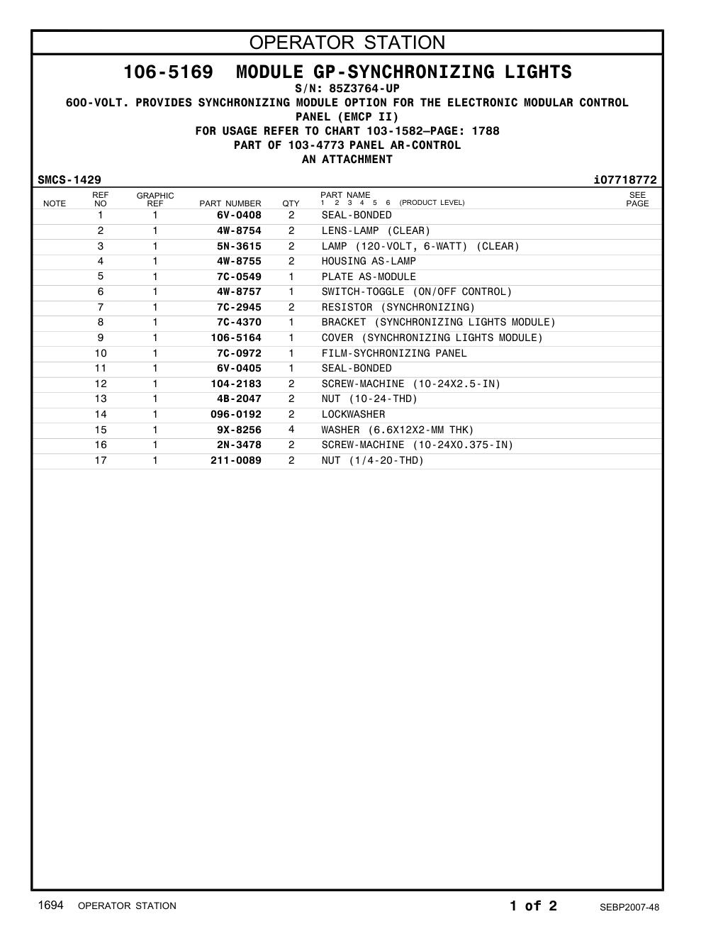 5N-3615 LAMP (120-VOLT, 6-WATT) · S/N 85Z3764-UP CAT parts manual diagram