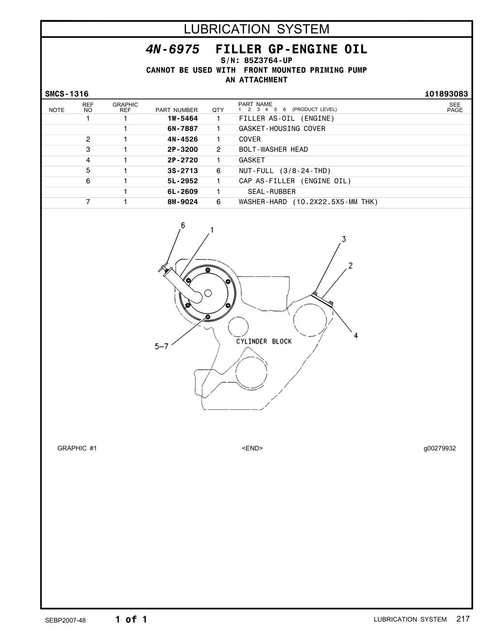 5L-2952 CAP AS-FILLER (ENGINE OIL) · S/N 85Z3764-UP CAT parts manual diagram