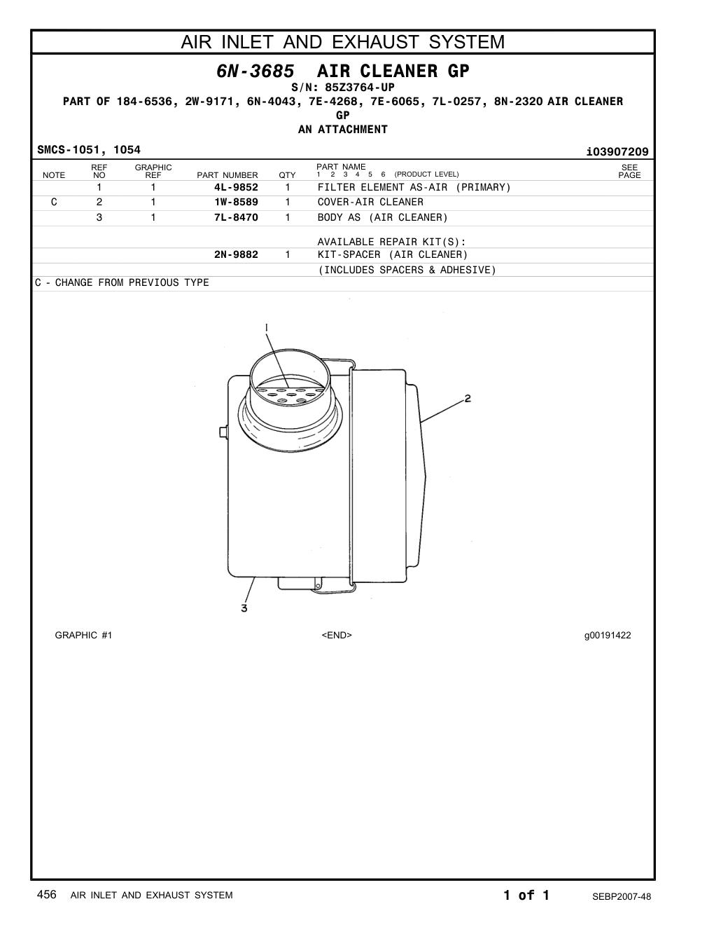 7L-8470 BODY AS (AIR CLEANER) · S/N 85Z3764-UP CAT parts manual diagram