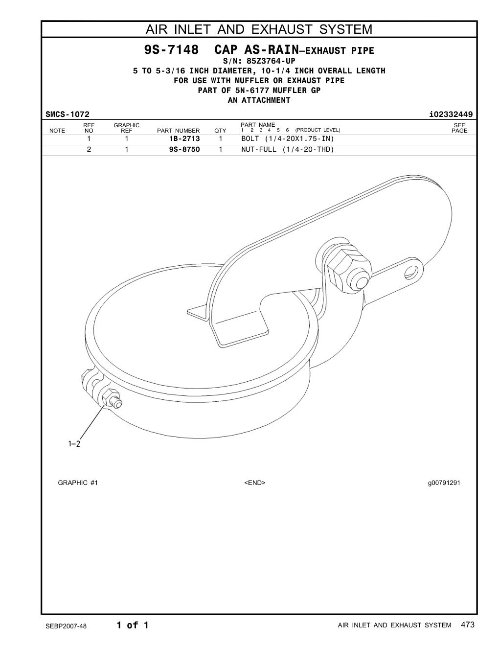 9S-8750 NUT-FULL (1/4-20-THD) · S/N 85Z3764-UP CAT parts manual diagram