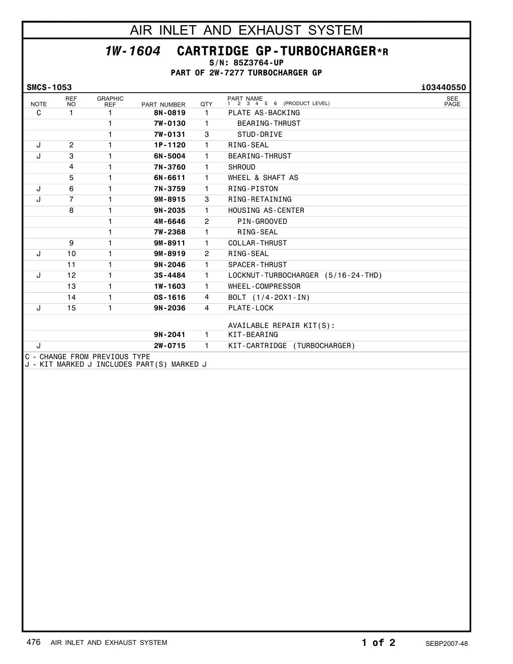 7W-0130 BEARING-THRUST · S/N 85Z3764-UP CAT parts manual diagram