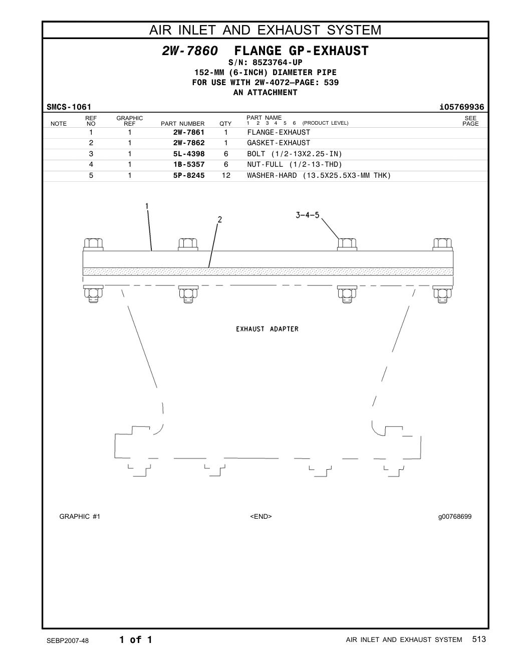 2W-7861 FLANGE-EXHAUST · S/N 85Z3764-UP CAT parts manual diagram