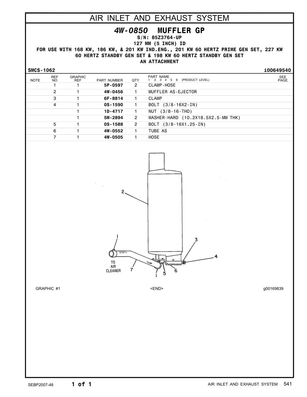 4W-0456 MUFFLER AS-EJECTOR · S/N 85Z3764-UP CAT parts manual diagram