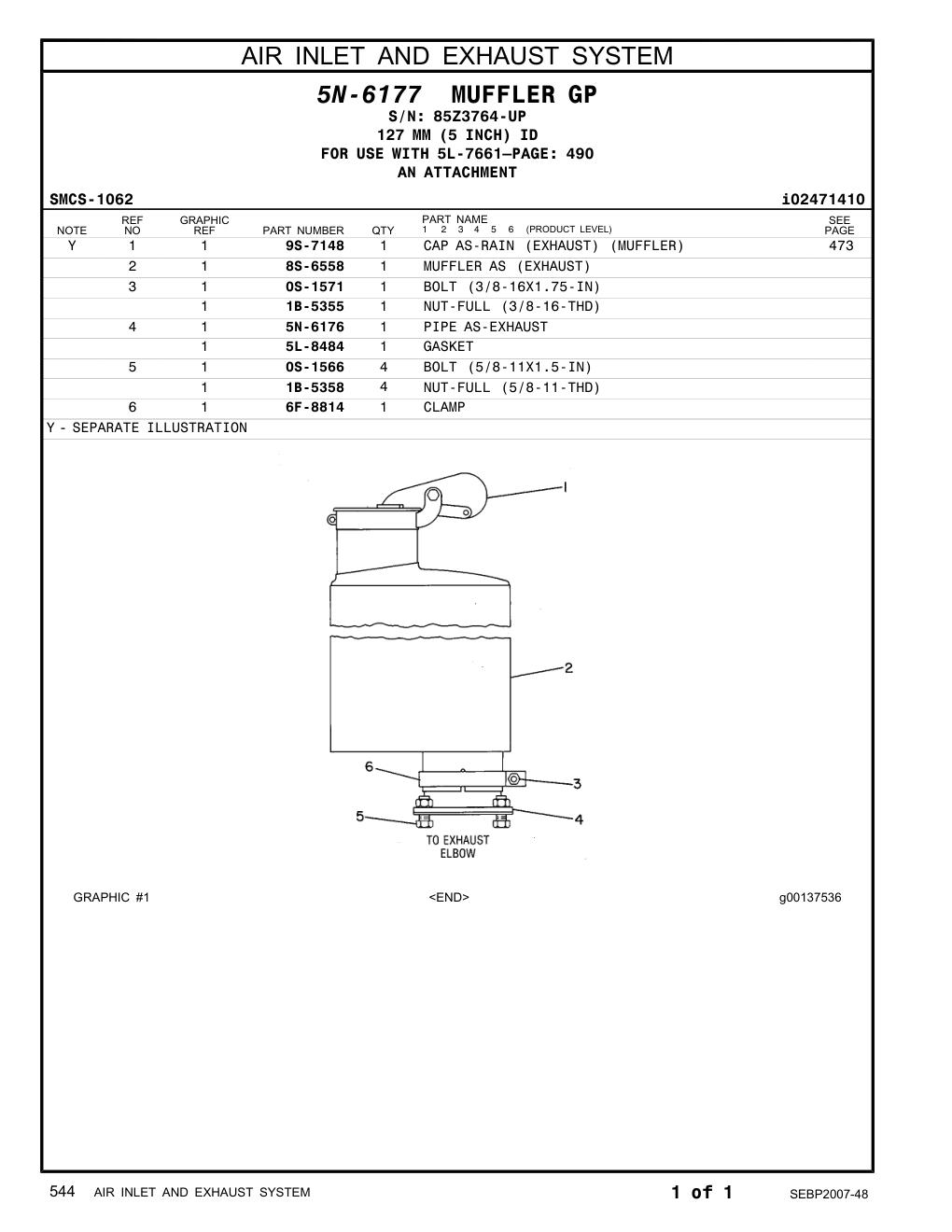 9S-7148 CAPAS-RAIN(EXHAUST)(EXHAUST PIPE) · S/N 85Z3764-UP CAT parts manual diagram