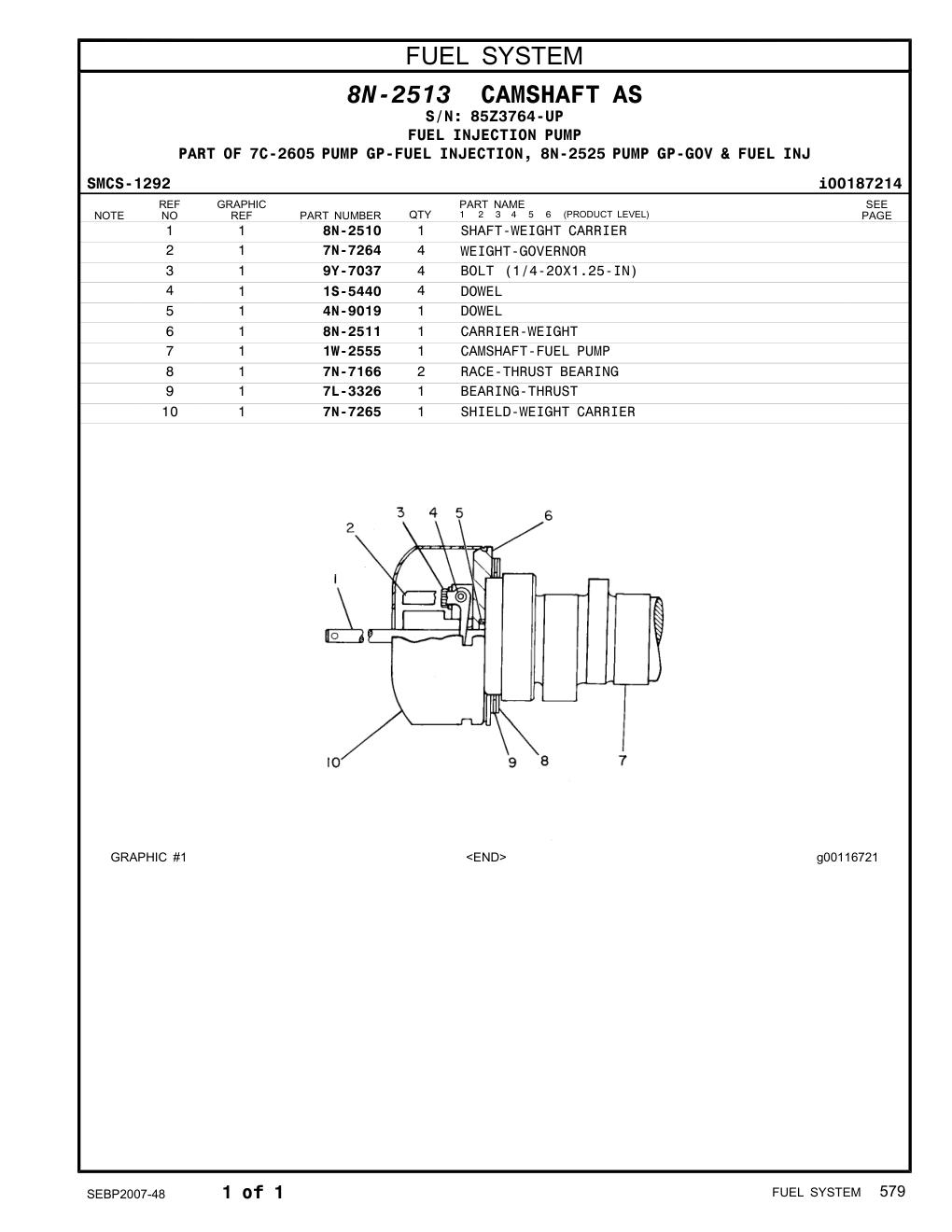 1W-2555 CAMSHAFT-FUEL PUMP · S/N 85Z3764-UP CAT parts manual diagram
