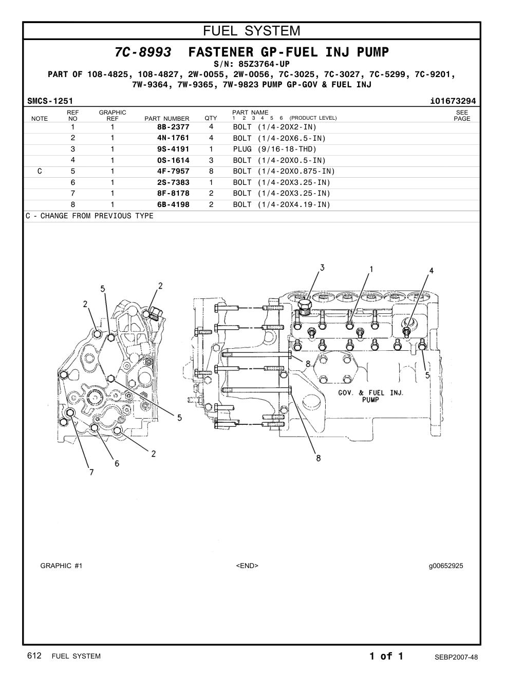 8F-8178 BOLT (1/4-20X3.25-IN) · S/N 85Z3764-UP CAT parts manual diagram
