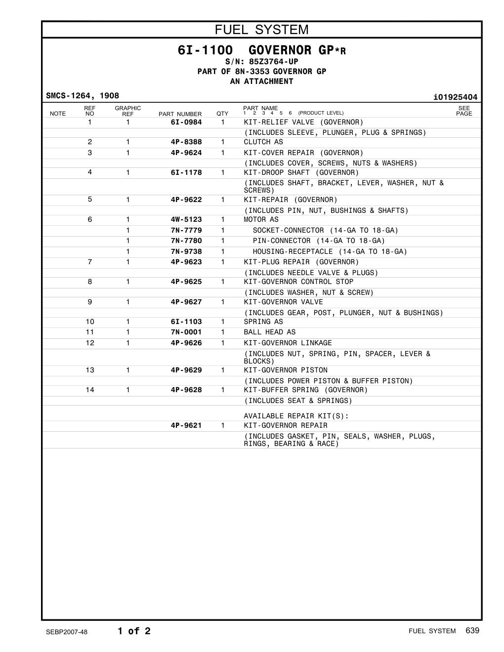 4P-9629 KIT-GOVERNOR PISTON · S/N 85Z3764-UP CAT parts manual diagram
