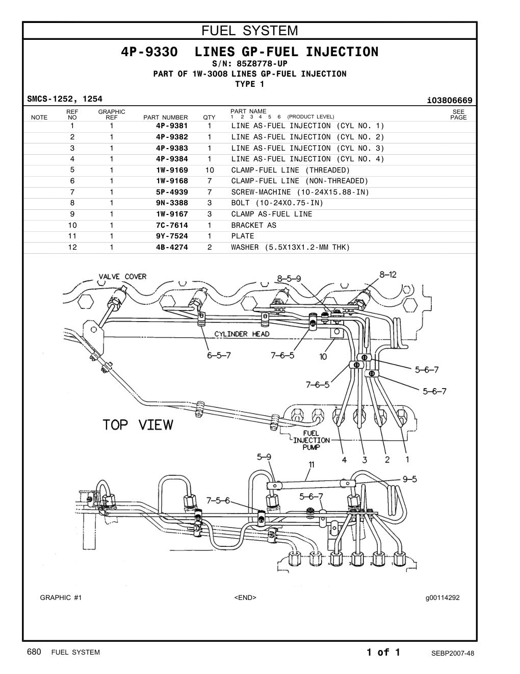 4P-9381 LINE AS-FUEL INJECTION (CYL NO. 1) · S/N 85Z8778-UP CAT parts manual diagram