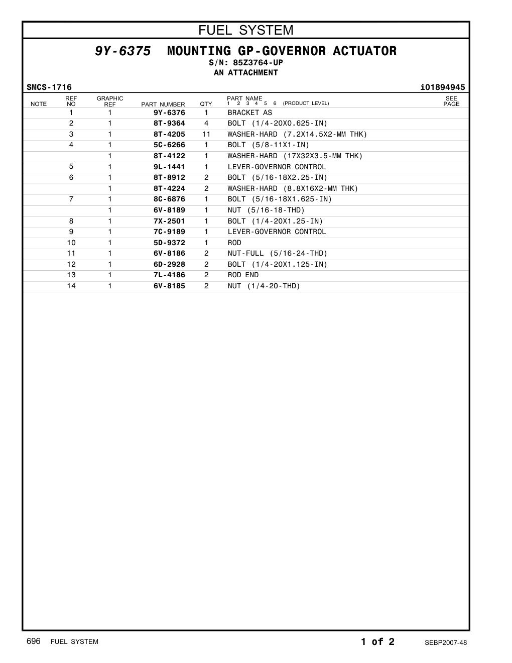 9Y-6376 BRACKET AS · S/N 85Z3764-UP CAT parts manual diagram