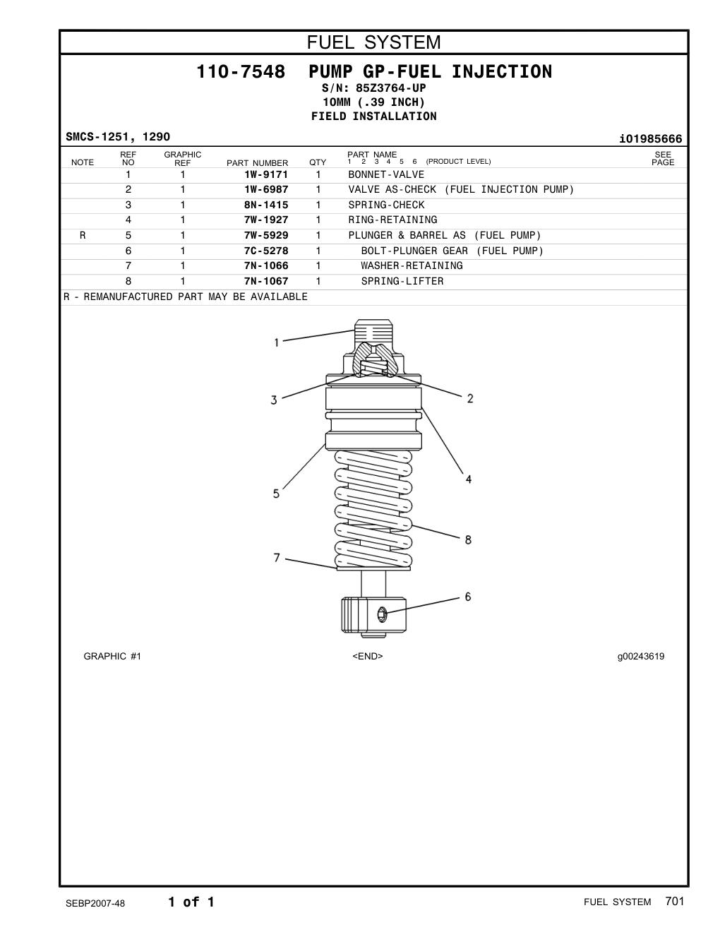 1W-9171 BONNET-VALVE · S/N 85Z3764-UP CAT parts manual diagram