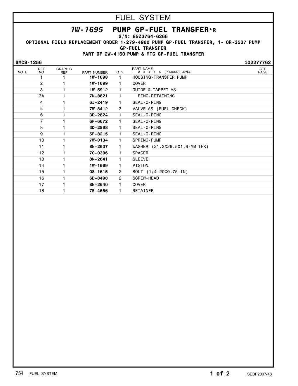 7W-0134 SPRING-PUMP · S/N 85Z3764-6266 CAT parts manual diagram