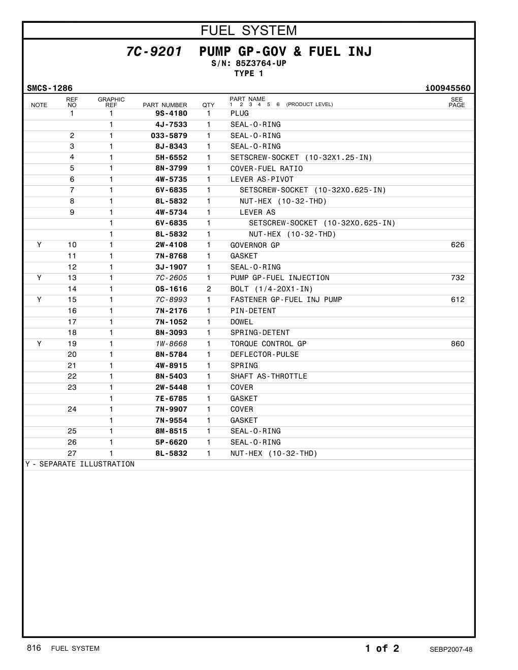 7C-2605 PUMP GP-FUEL INJECTION · S/N 85Z3764-UP CAT parts manual diagram