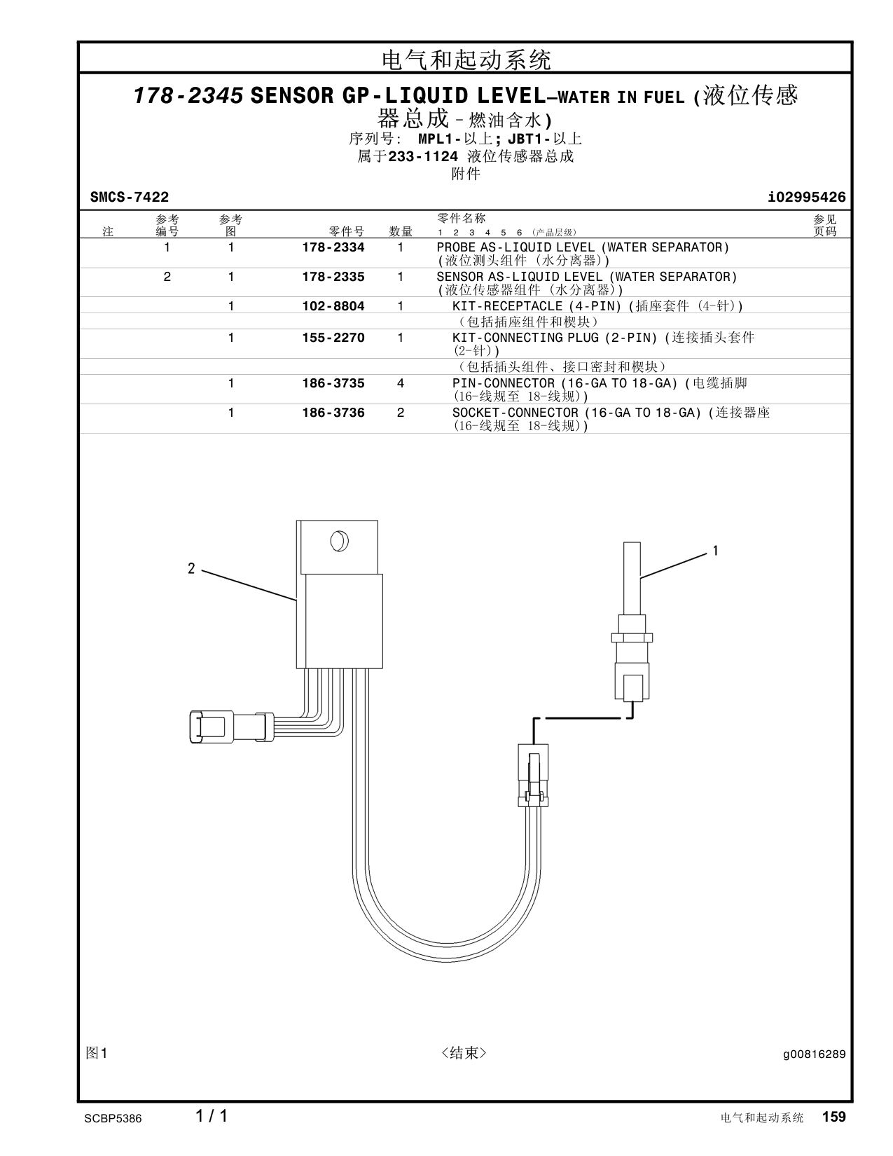 178-2335 SENSORAS-LIQUIDLEVEL (WATERSEPARATOR) · S/N MPL1- CAT parts manual diagram