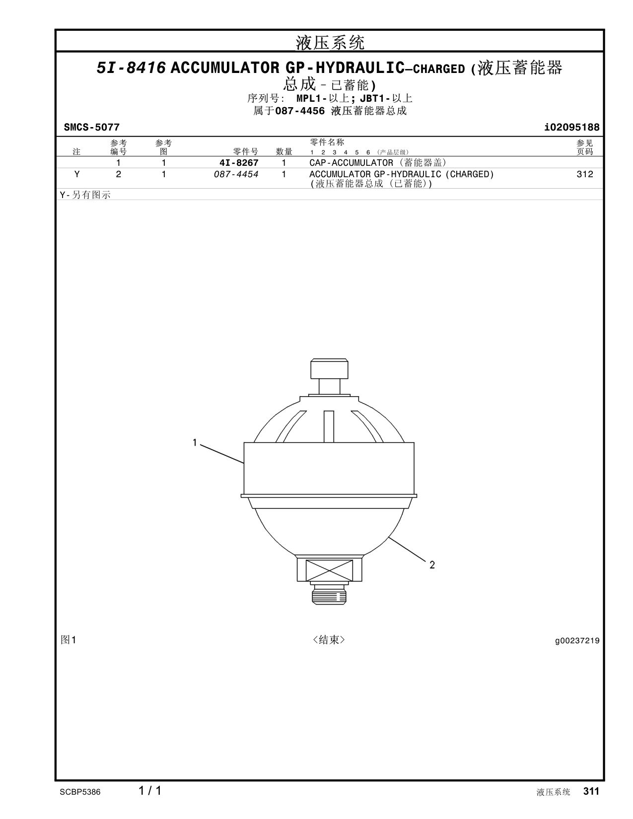 4I-8267 CAP-ACCUMULATOR · S/N MPL1- CAT parts manual diagram