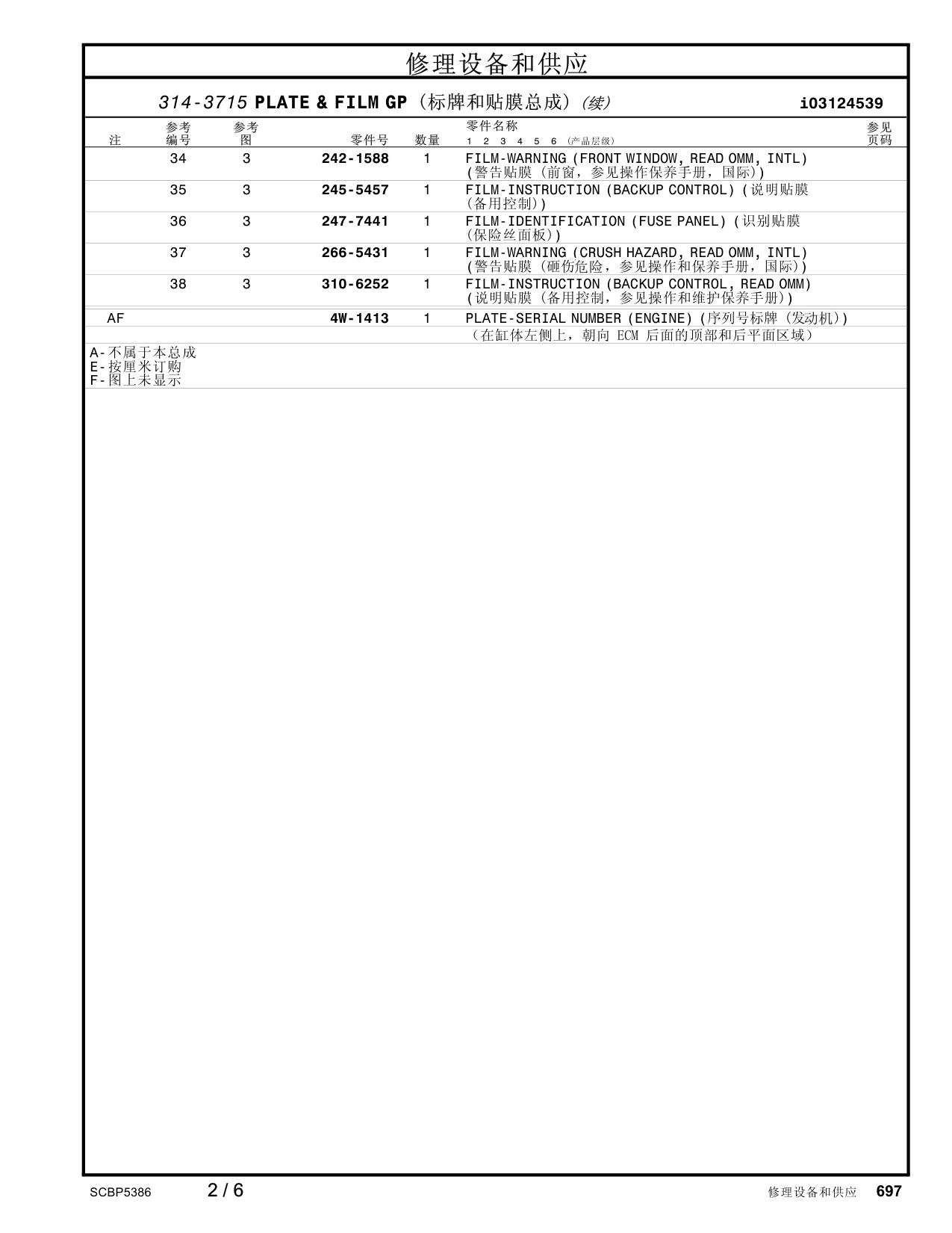 310-6252 FILM-INSTRUCTION(BACKUPCONTROL,READOMM) CAT parts manual diagram