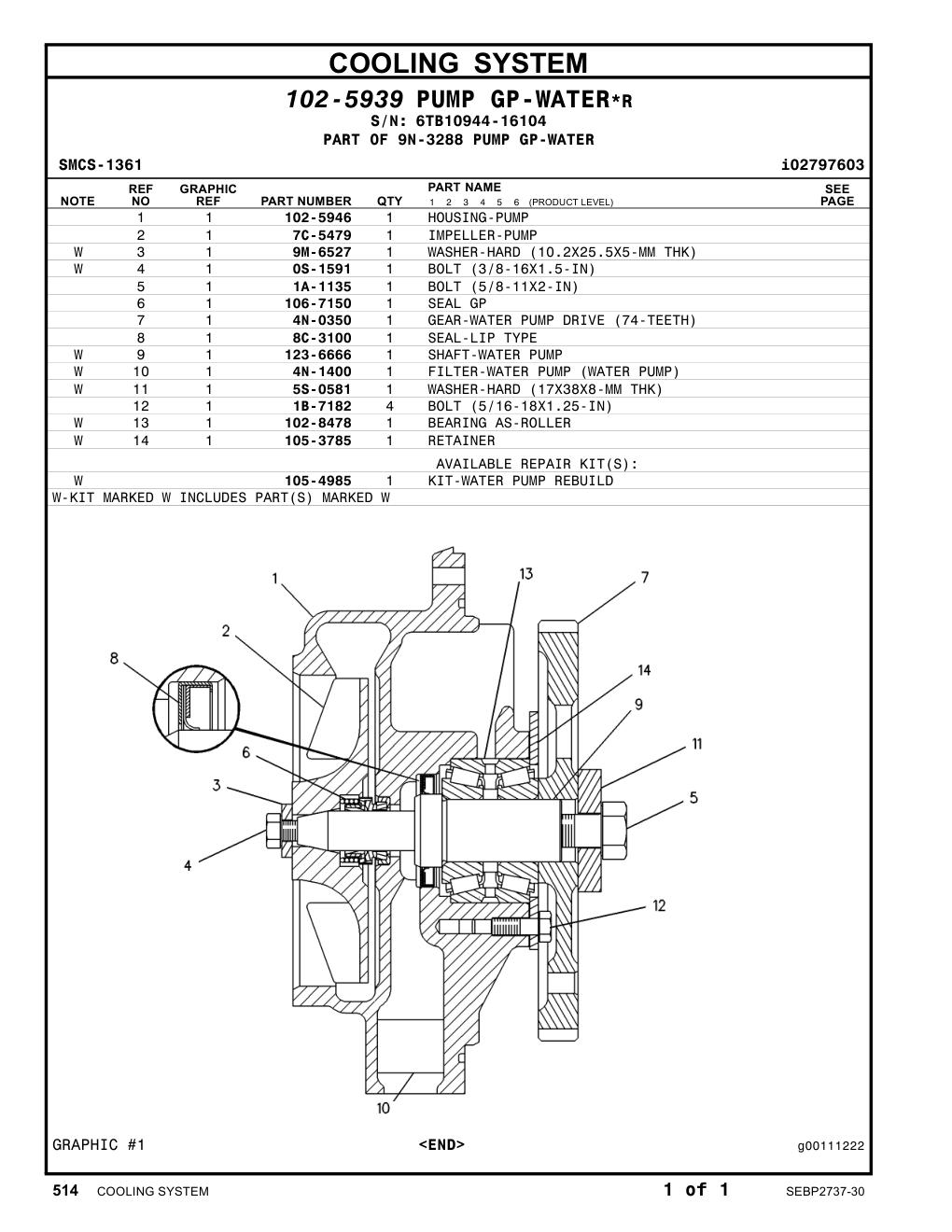 8C-3100 SEAL · S/N 6TB10944-16104 CAT parts manual diagram