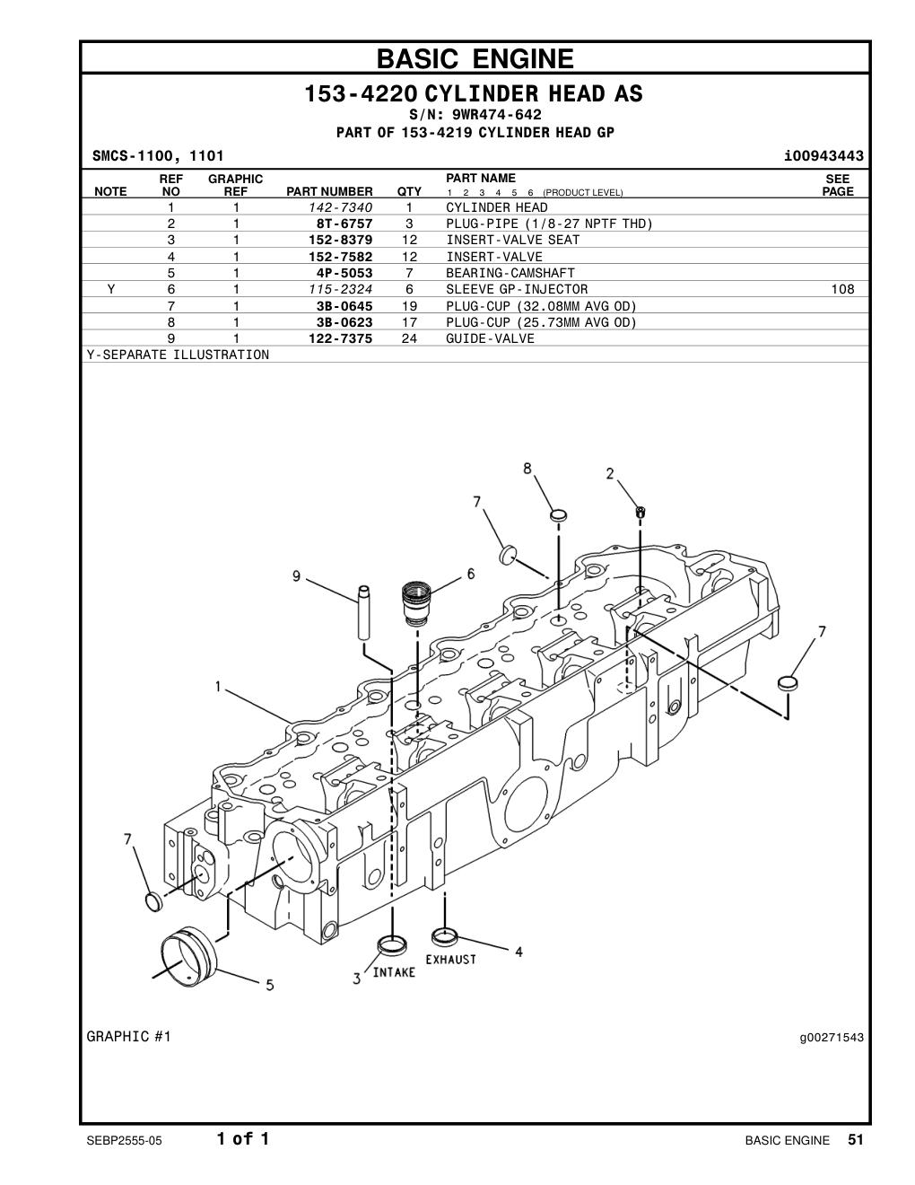 152-7582 INSERT-VALVE SEAT (EXHAUST) (STANDARD) · S/N 9WR474-642 CAT parts manual diagram
