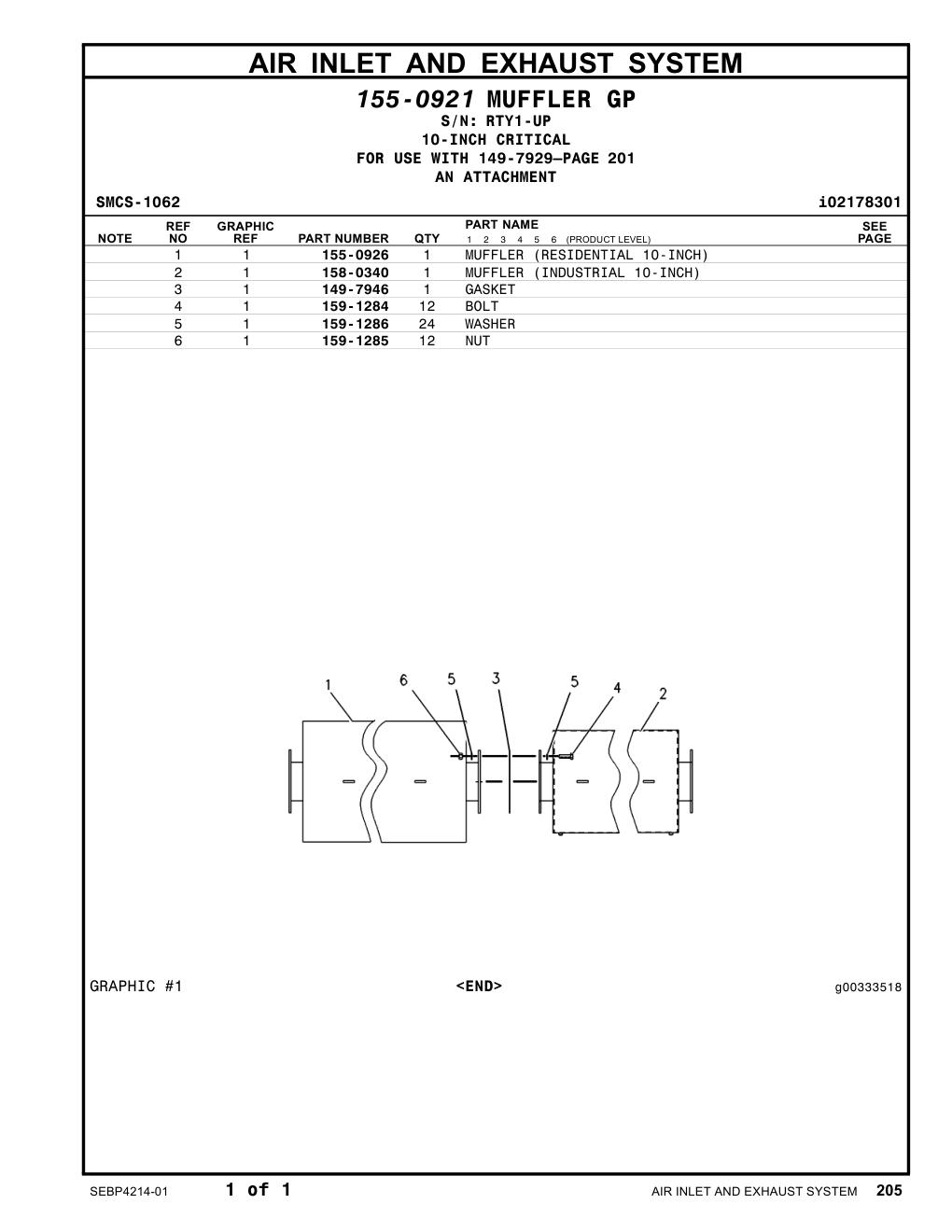 158-0340 MUFFLER (INDUSTRIAL 10-INCH) · S/N RTY1-UP CAT parts manual diagram