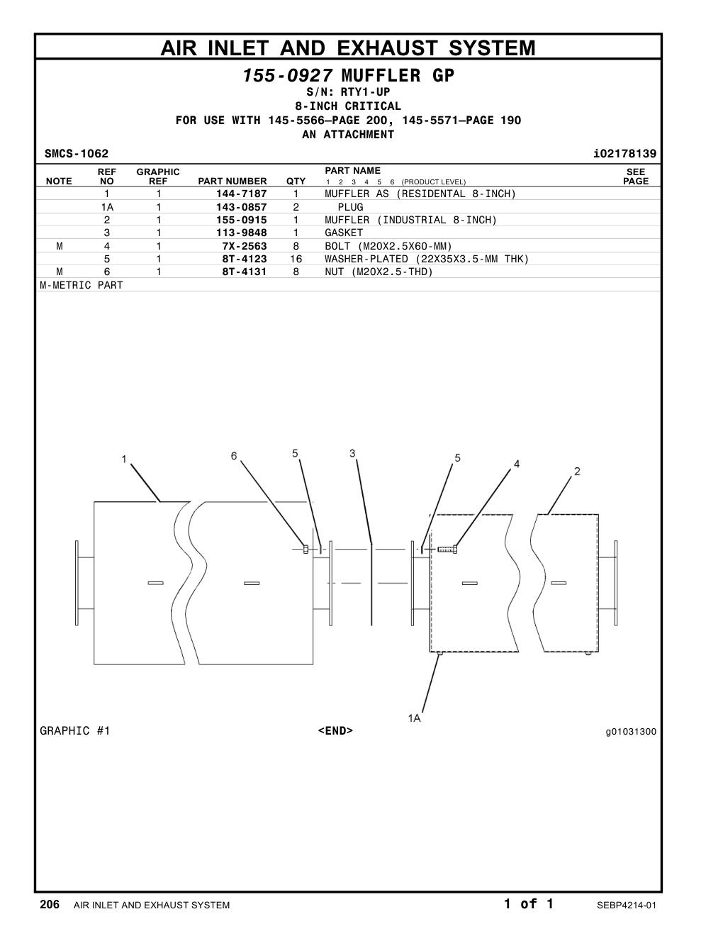 155-0915 MUFFLER (INDUSTRIAL 8-INCH) · S/N RTY1-UP CAT parts manual diagram