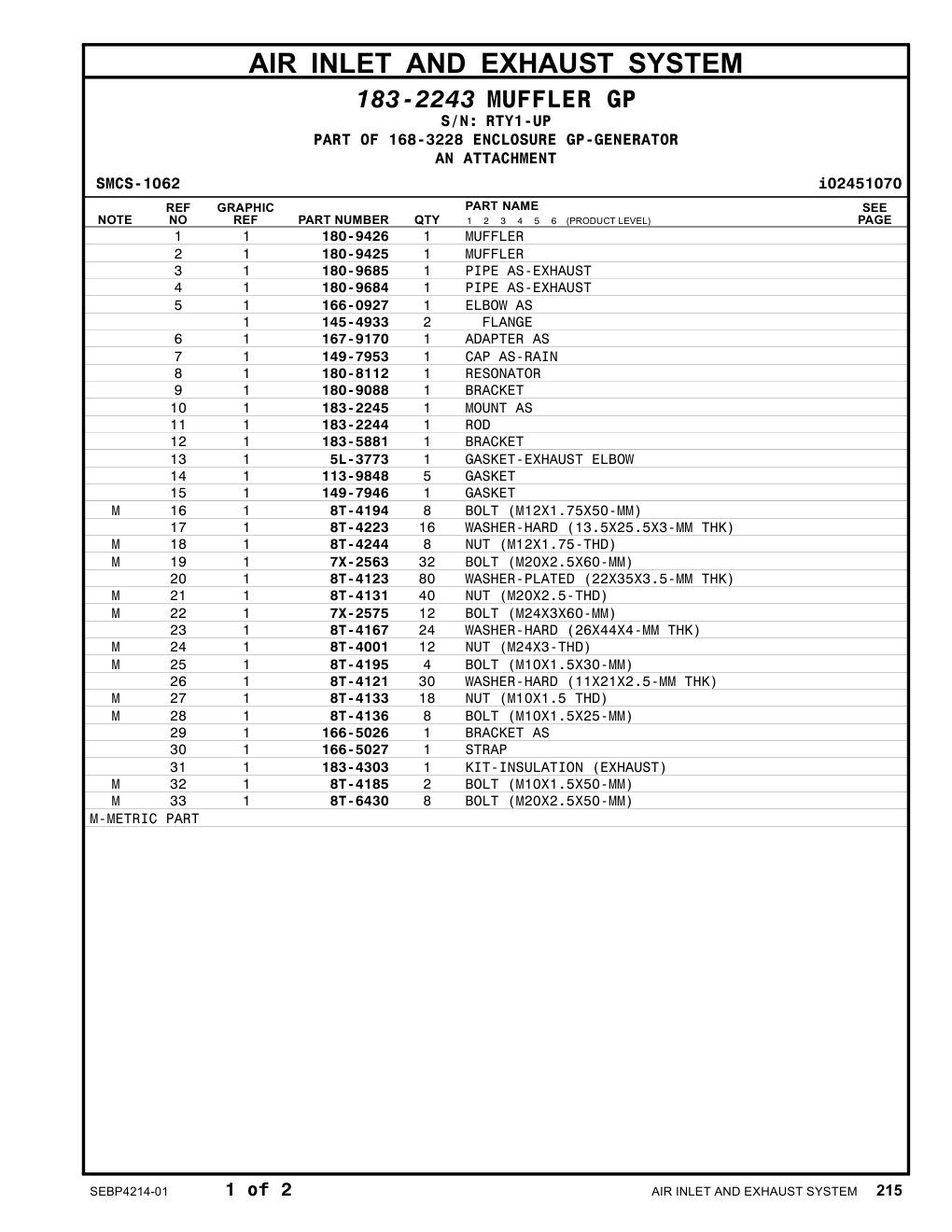 180-9425 MUFFLER · S/N RTY1-UP CAT parts manual diagram