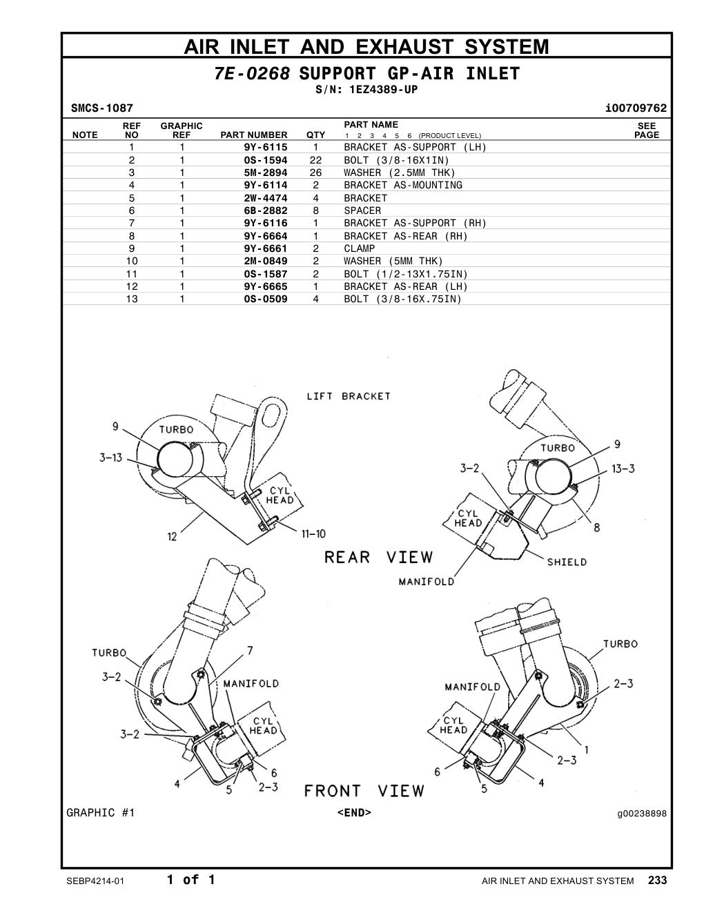 9Y-6664 BRACKET AS-REAR (RH) · S/N 1EZ4389-UP CAT parts manual diagram