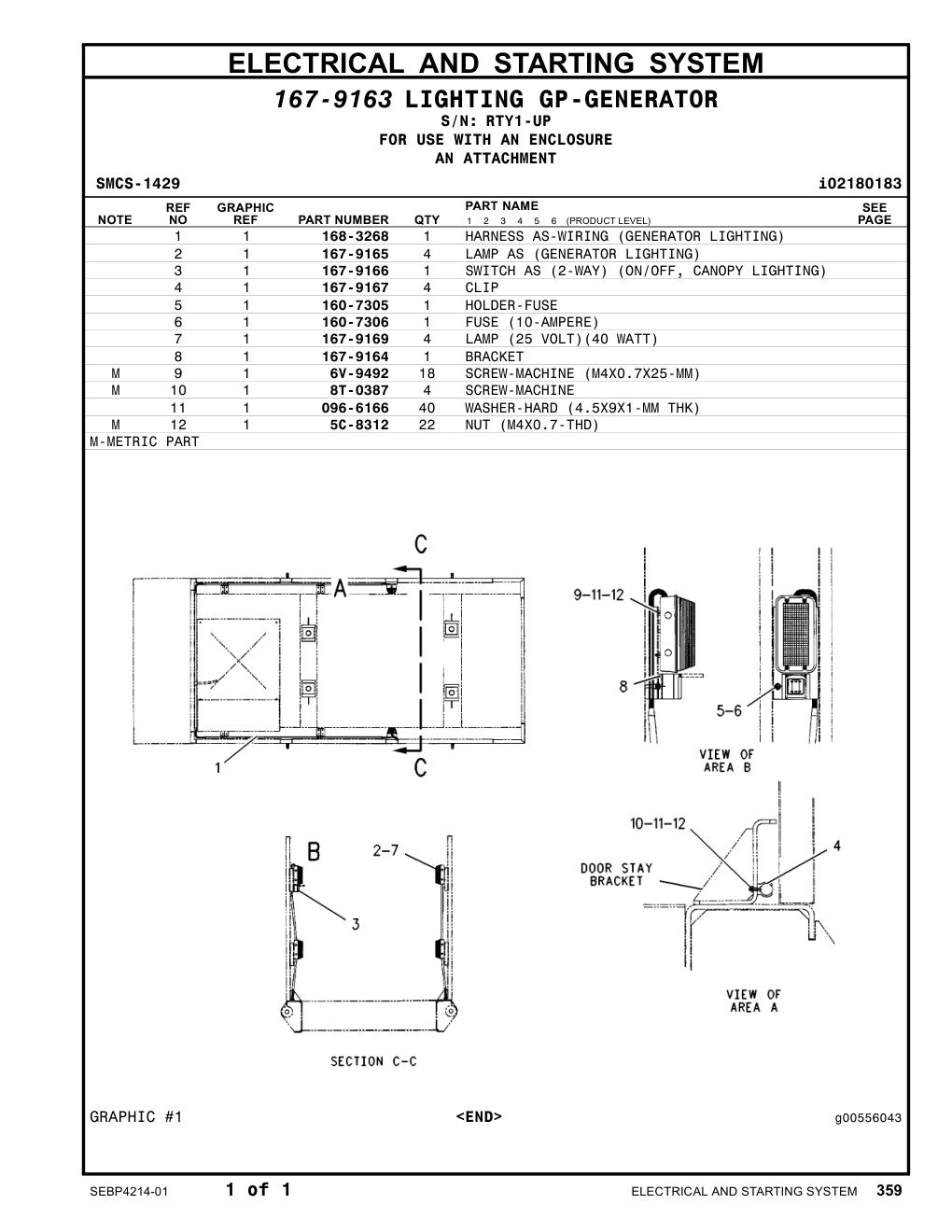 167-9166 SWITCH AS (2-WAY) (ON/OFF, CANOPY LIGHTING) · S/N RTY1-UP CAT parts manual diagram