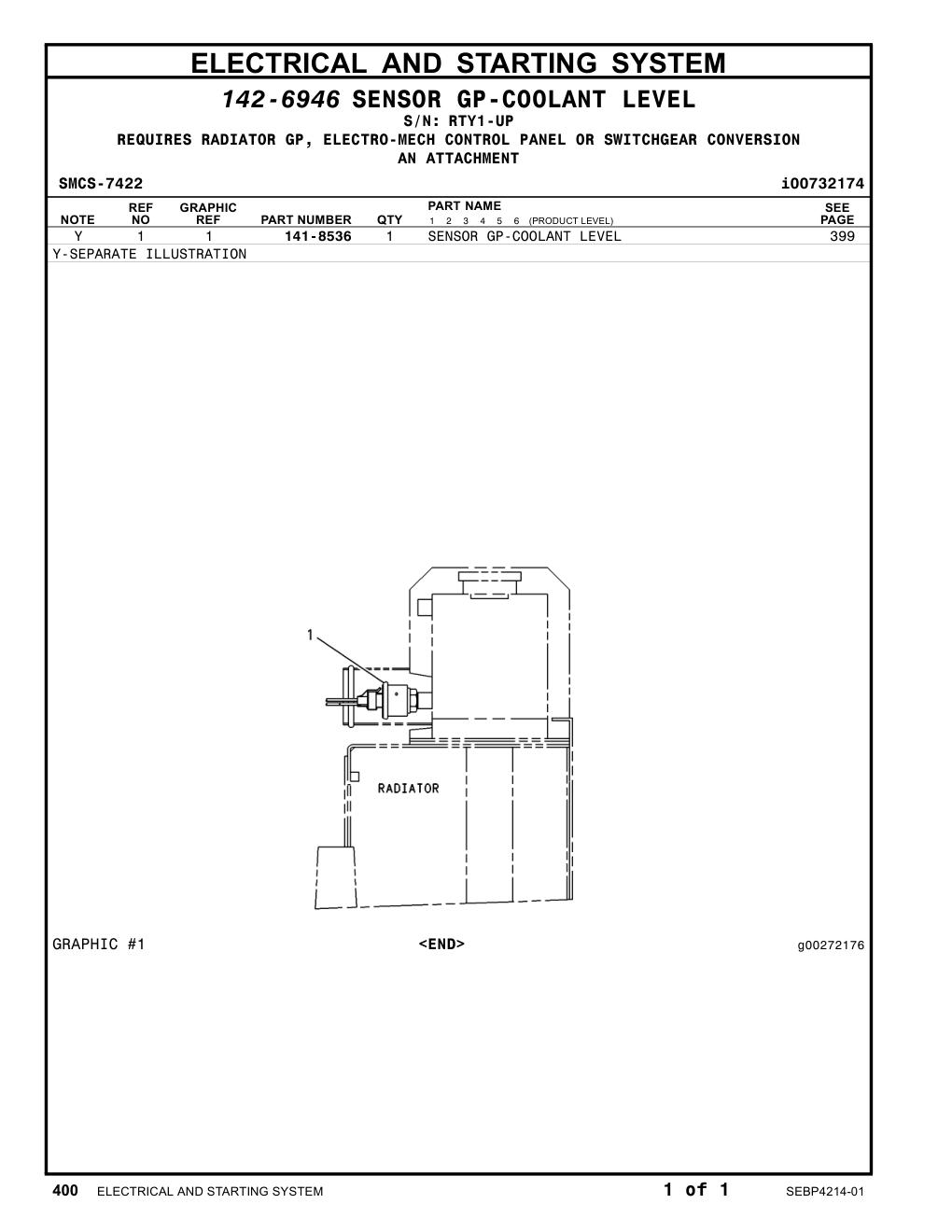141-8536 SENSOR GP-COOLANT LEVEL · S/N RTY1-UP CAT parts manual diagram